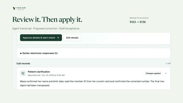 Patient clarification call record with reviewed member ID corrections