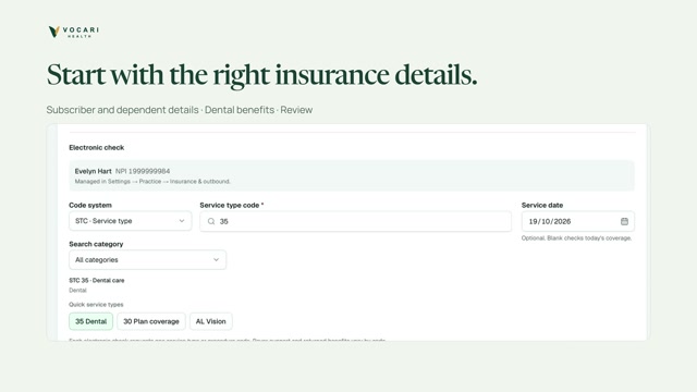 Dental insurance inquiry with the STC 35 service code selected